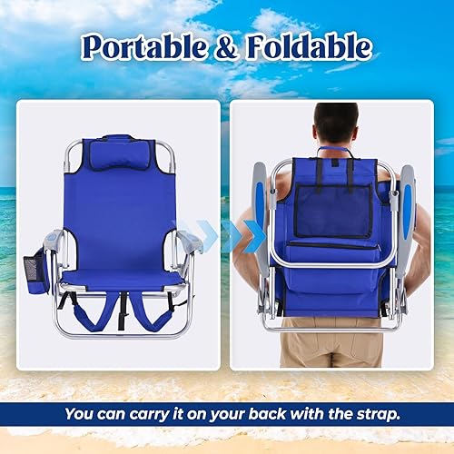 Miniatura 7 de Canpsky Silla de playa portátil para adultos, silla de camping ligera al aire libre, mochila plegable plana, silla reclinable de playa con 4