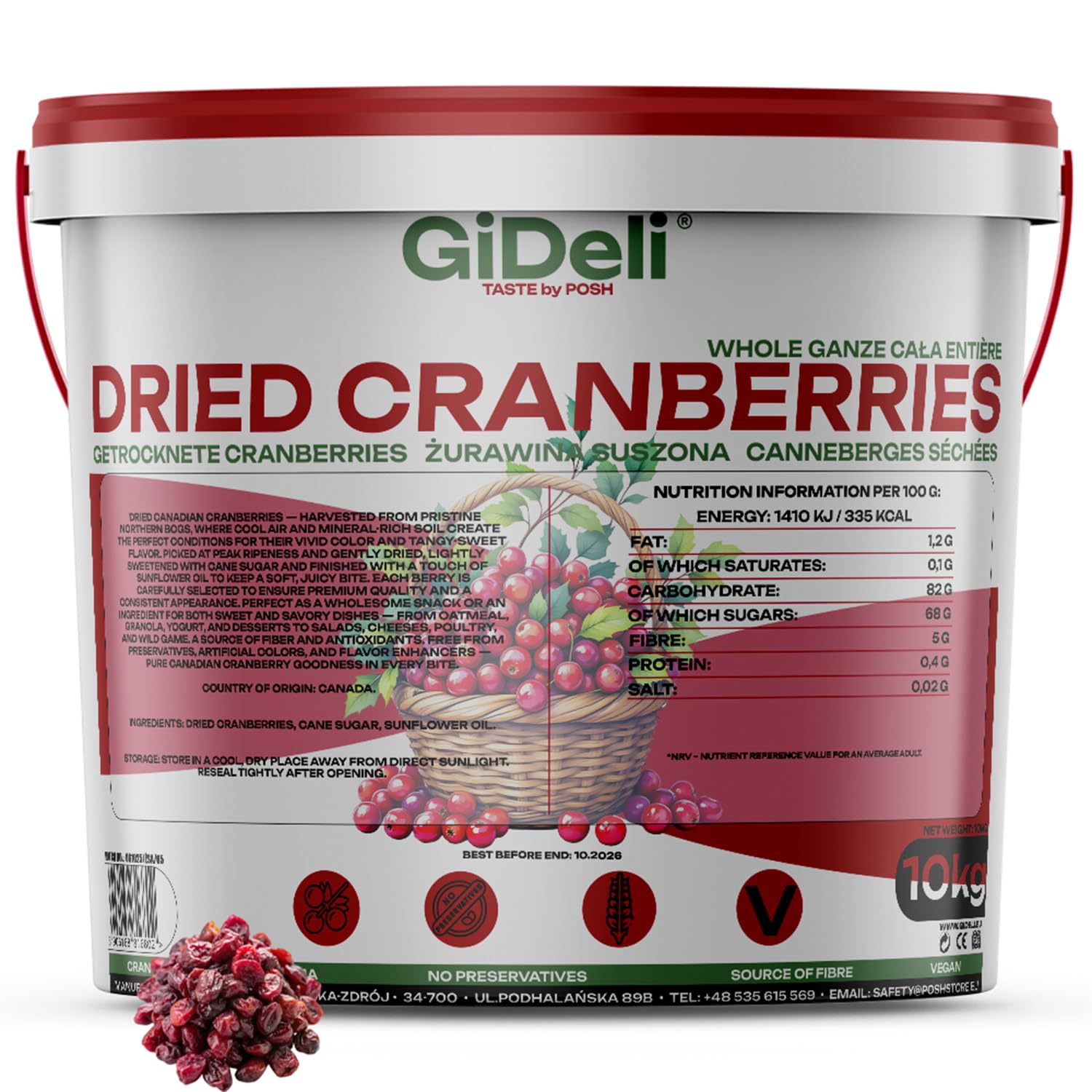 GiDeli Cranberry getrocknet 10 kg im Eimer – aromatische Trockenfrüchte, Cranberries ideal als Snack, im Müsli, Joghurt oder zum Backen, natürlich fruchtiger Geschmack