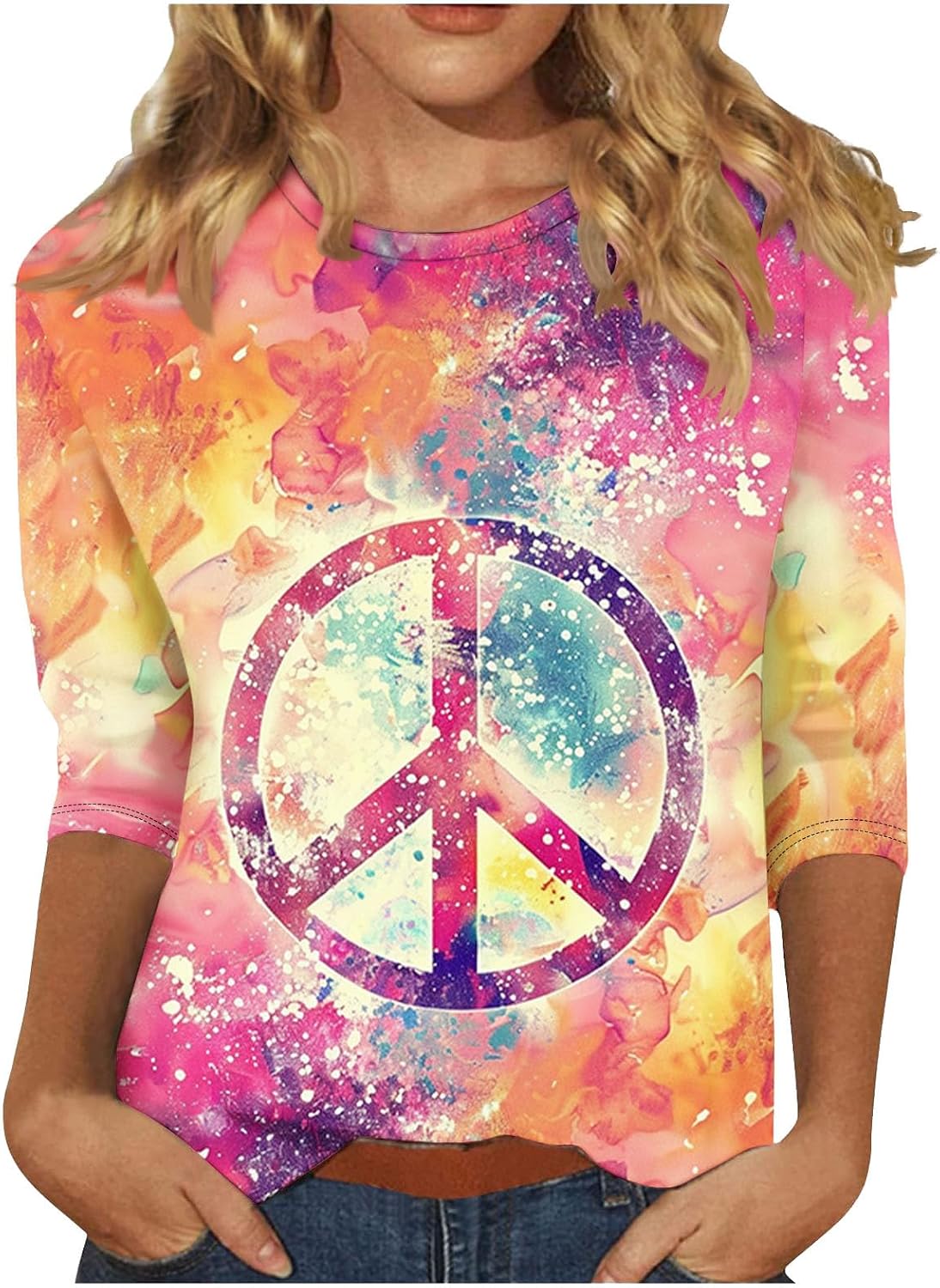 Women Hippie Shirt Tie Dye Peace Sign Tshirts Hippy Peace Costume Hippie Outfit Tee 3/4 Sleeve Tops Blouses Tee Shirts