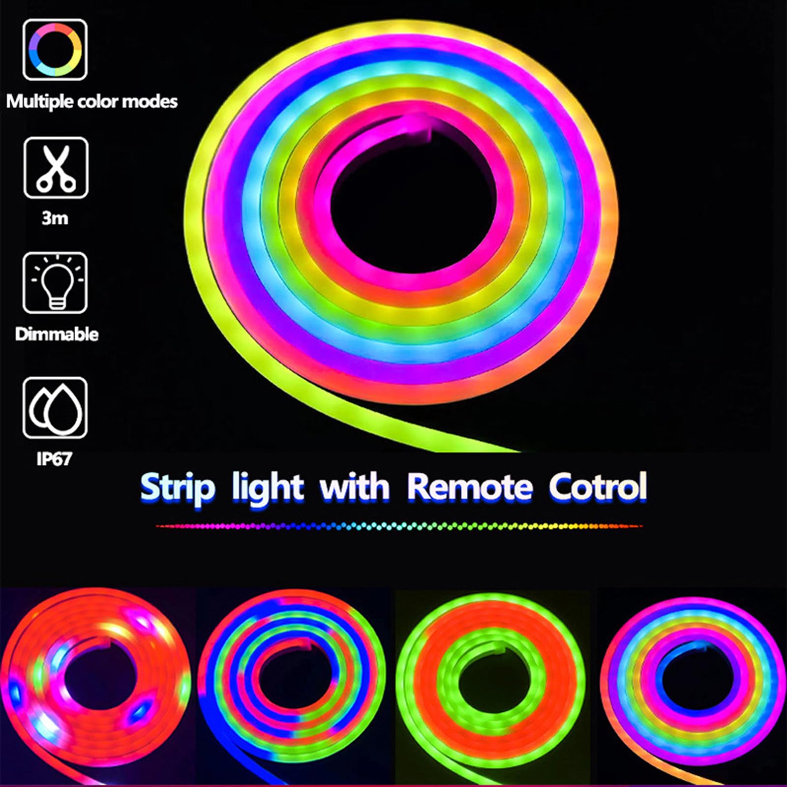 Tira LED de neón, iluminación ambiental activada por voz Wi-Fi/Bluetooth, control con aplicación/mando a distancia múltiples modos, sincronización de música, tira de luz flexible que cambia WiFi -10m