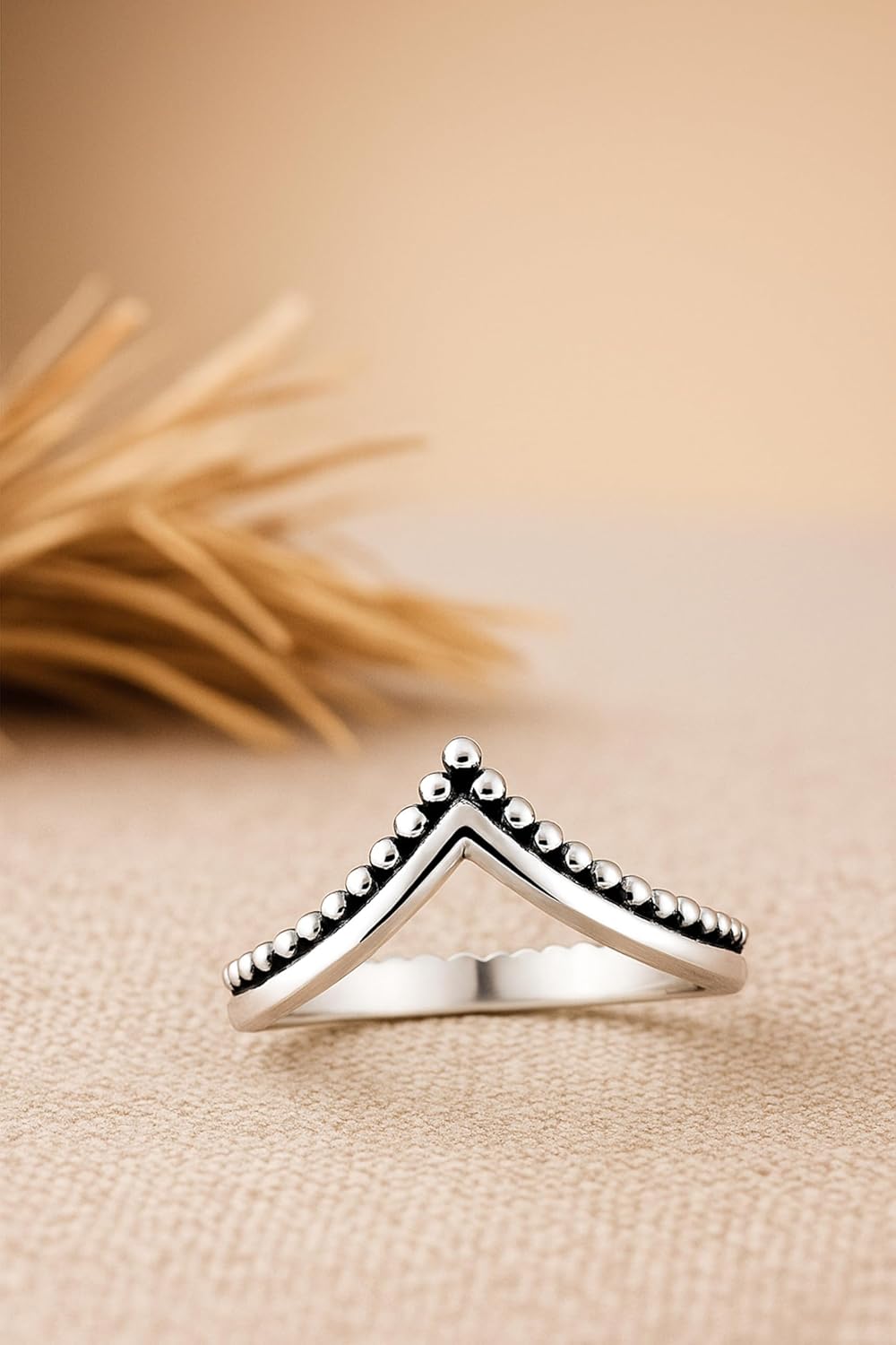 AeraVida .925 Sterling Silver Chevron Stacking Ring | Bali Bead Curve Oxidized Band - Image 4