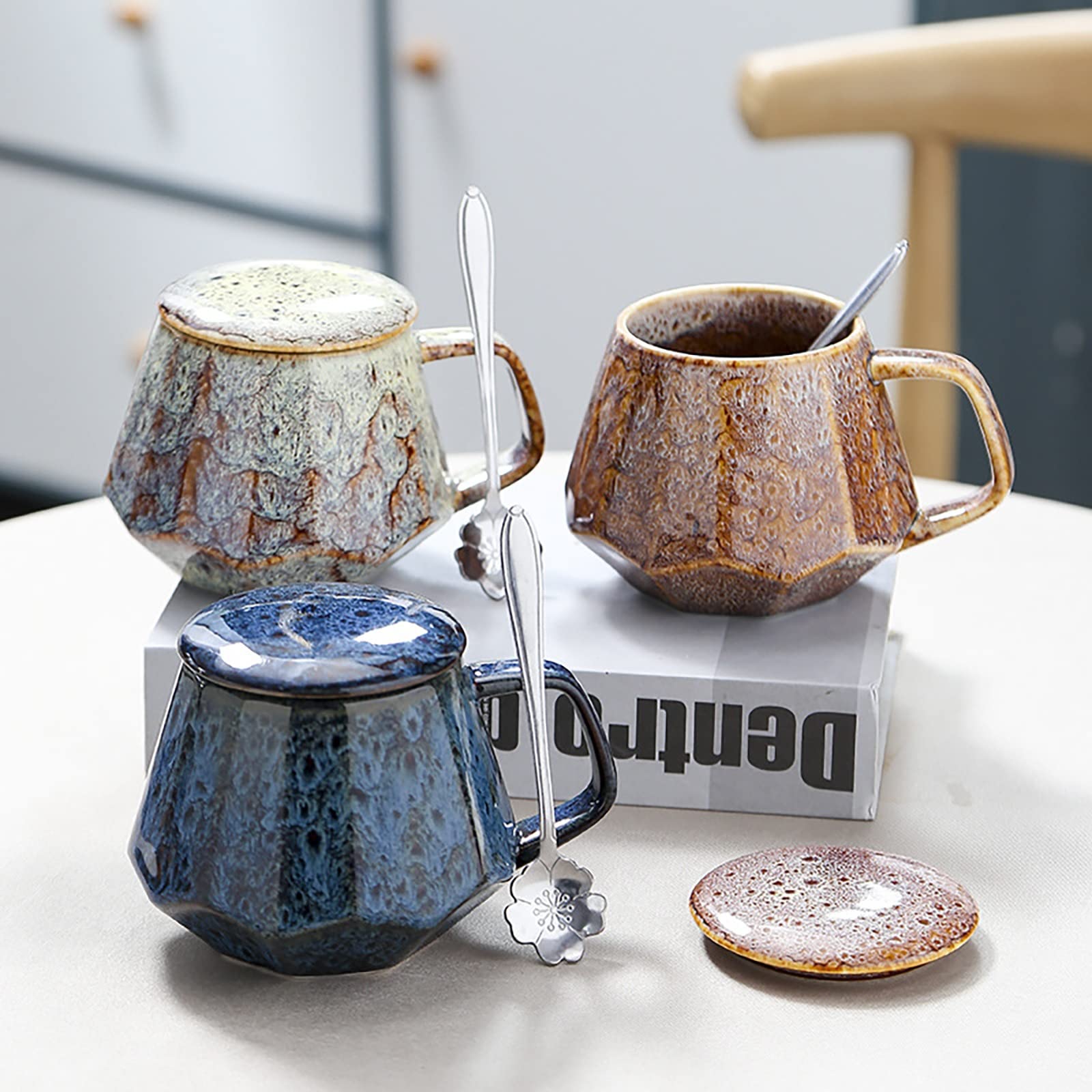 Kaffeetassen aus Keramik im Vintage-Stil, 340 ml, Espressotassen und Untertassen, einzigartige handgefertigte Tasse, kleine oder doppelte Espressotassen, Kaffeetasse mit Deckel (FA