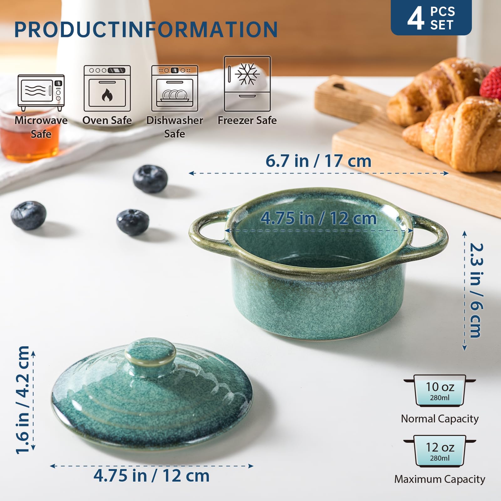 HENXFEN LEAD Cazuela de cerámica, 350 ml, mini ramequines de soufflé de cocottes con tapas y asas, juego de 4 moldes pequeños para hornear, color verde brillante