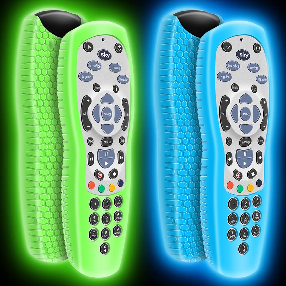 2 Pack Cover for SKY+ HD Remote Control, Protective Silicone Case SKY Plus HD TV Remote Controller Sleeve Skin Holder Battery Back Protector Universal Replacement-Glow Blue,Glow Green