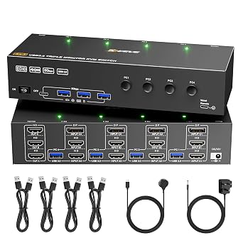 KVM Switch 3 Monitors 4 Computers 4K@60Hz,EDID Simulation,KVM Switch Triple Monitor for 4 Computer Share 3 Monitor and 4 USB3.0 Ports Keyboard Mouse Printer, Wired Remote and 4 USB Cables Included