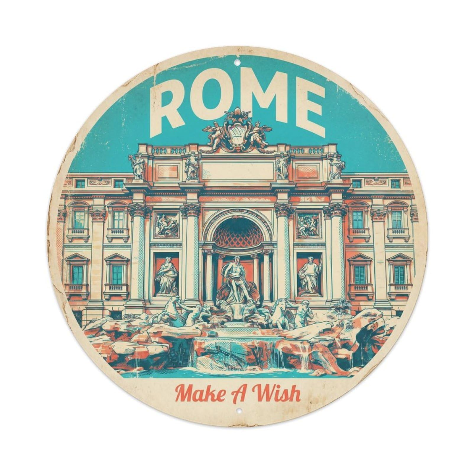 Yrnq Vintage Style Vintage Travel Rome Fountain Italy Vintage Metal Tin Sign Plaque Wall Decor For Cafe, Club, Garden Round Metal Poster 8X8inch