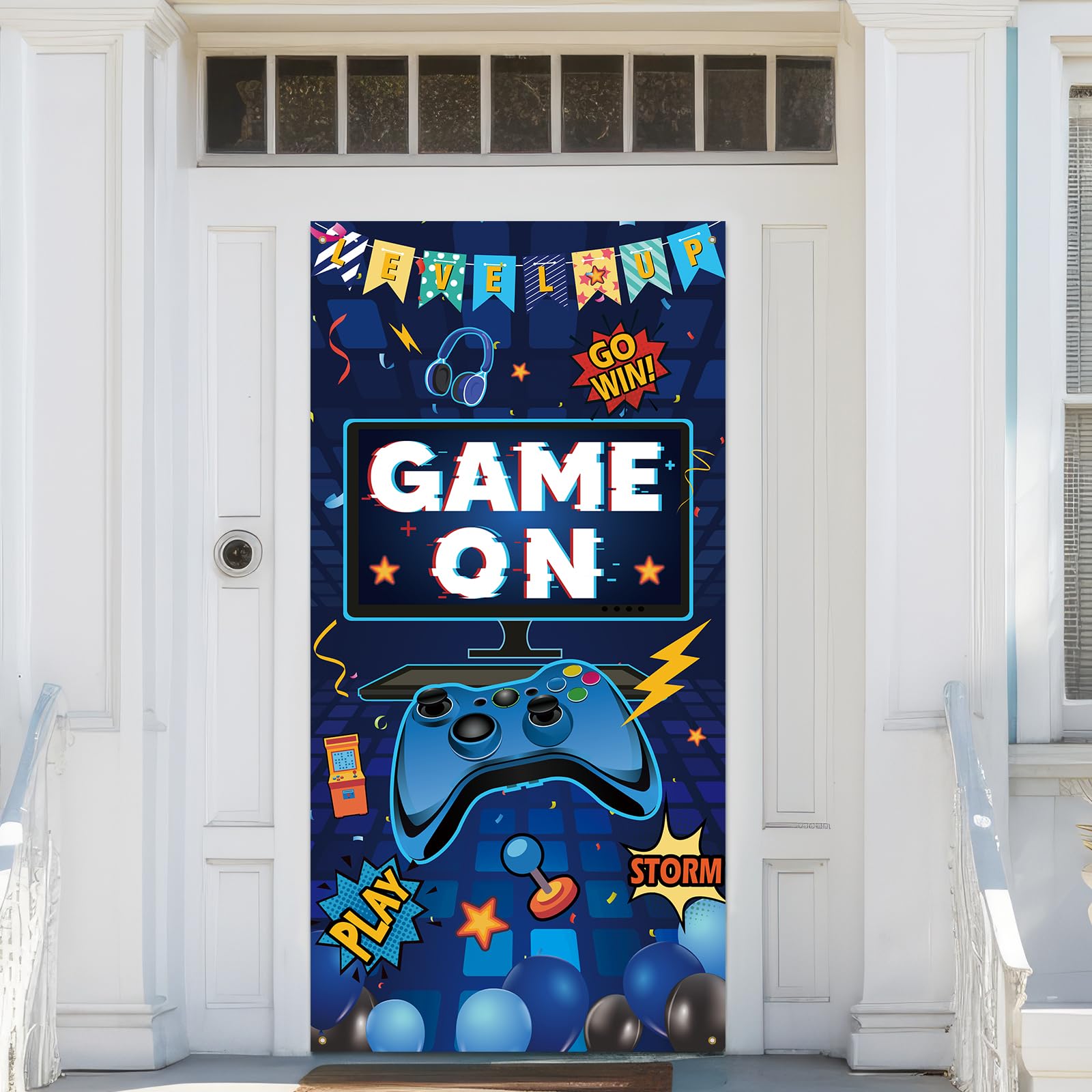 Blue Level Up Game On Door Banner,Video Game Party Decoration,Video Gaming Photo Door Backdrop Background,Video Games Handle Gamepad Theme Decor for
