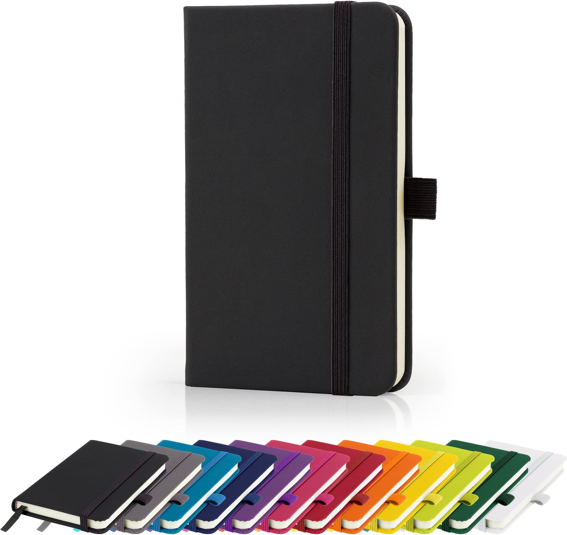 Premium A6 Notebook New Lined Pocket Hardback Small Journal with pen loop, elastic closure and ribbon marker, Notepad Note Book Notes Pad (Black)