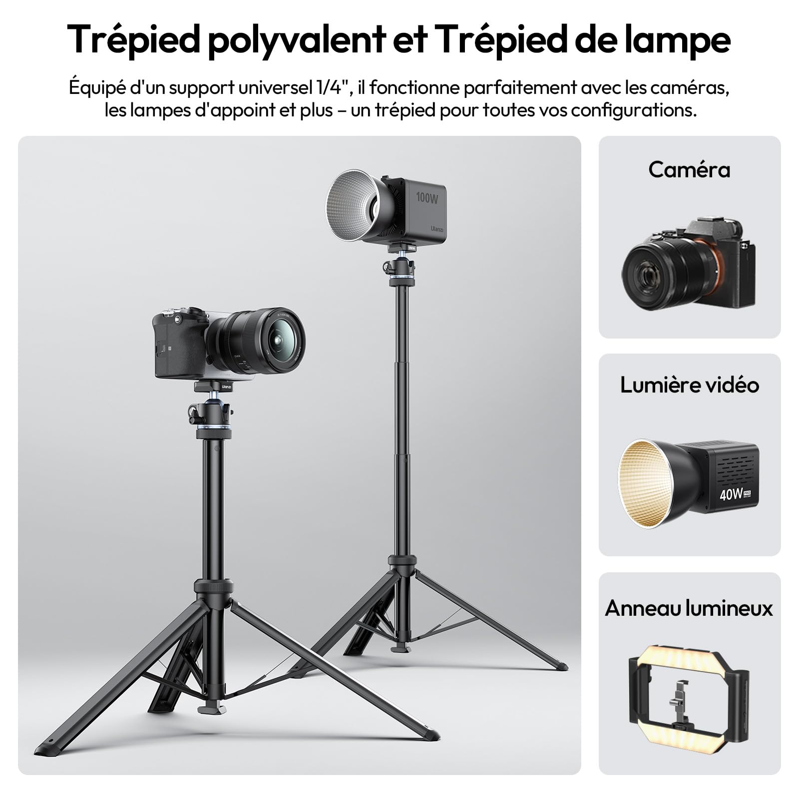 ULANZI MT93 Trépied Universel 1/4'' pour Appareil Photo Lampe [Déploiement Automatique] 160cm en Alu, Fixation Rapide Uka, Rotule à 360°, Charge 5kg pour Diffusion en direct, Extérieur, Léger avec Sac