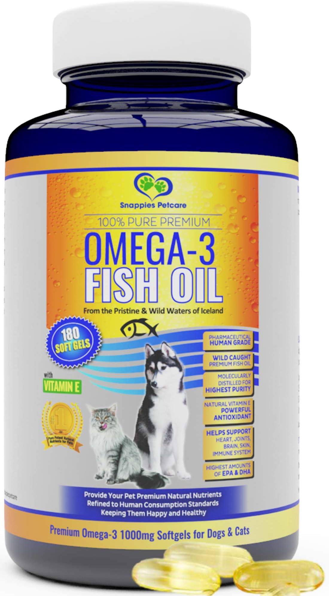 Omega 3 Fish Oil for Dogs and Cats - Wild Icelandic Pure, Odour Free Fish Oil Supplement with Vitamin E, 180 Softgels, 1000mg per Capsule, Contains More EPA & DHA Than Salmon Oil for Optimal Health