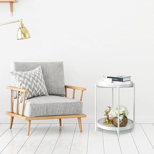 Miniatura 6 de Danpinera Mesa auxiliar de metal de 2 niveles con bandeja extraíble, mesa redonda decorativa, mesita de noche blanca antioxidante para dormitorio,
