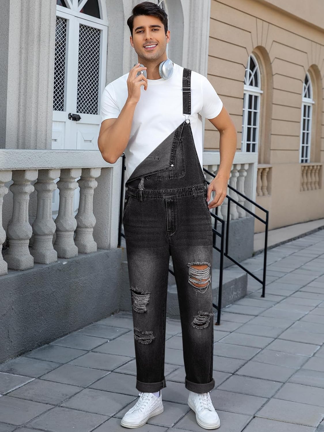 Runcati Men's Denim Bib Overall Ripped Distressed Jean Fashion Casual Adjustable Strap Loose Fit Hippie Jumpsuit - Image 2