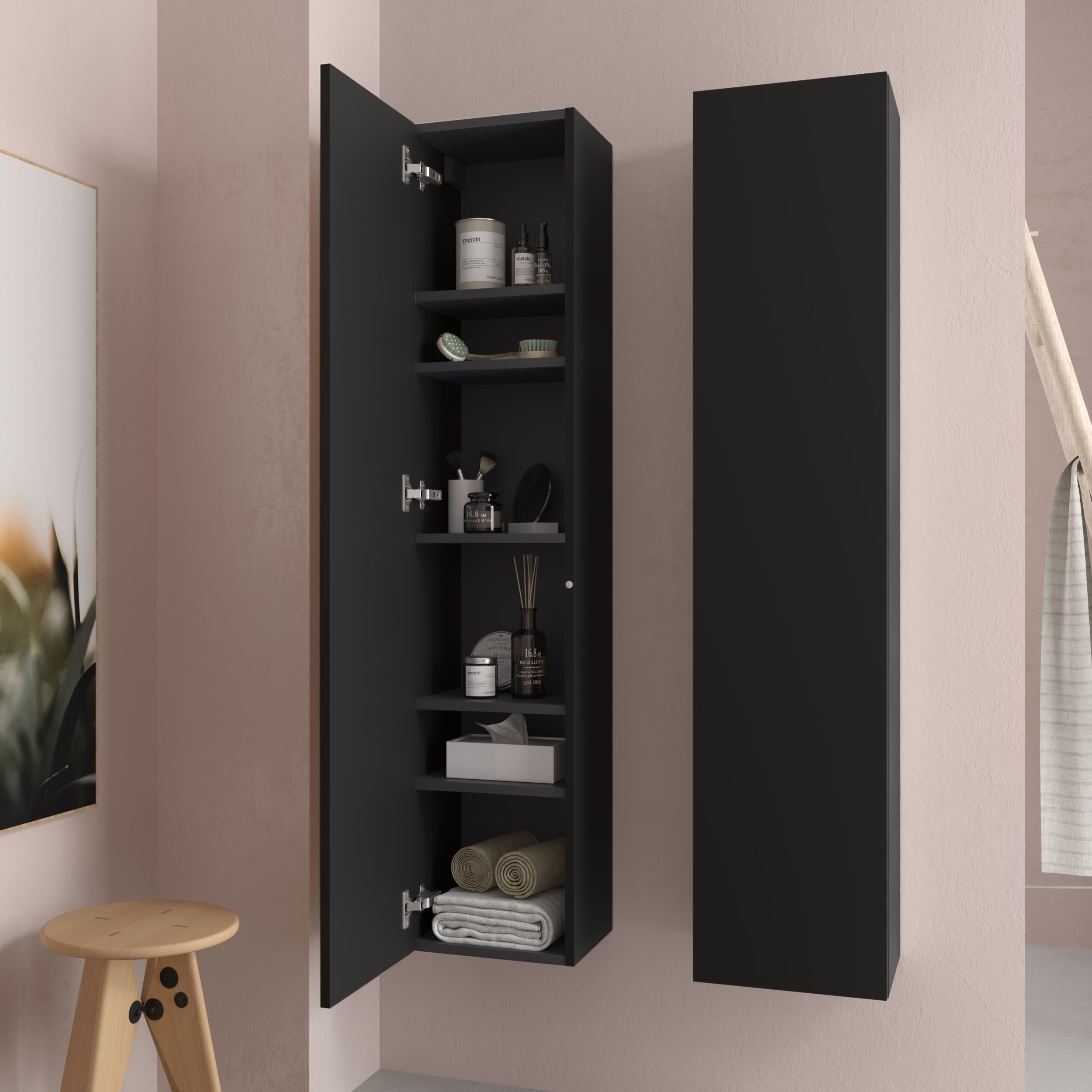 Columna de baño Bequia 100% montada de fábrica | Acabado Negro Mate suspendida 1 Puerta Apertura Push y Cierre amortiguado | Salgar