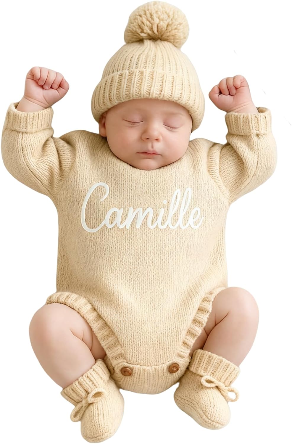Personalized Baby Romper Set - Embroidered Name, Chunky Knit, Hat & Booties,Knit Cotton Coming Home Outfit Winter Sweater
