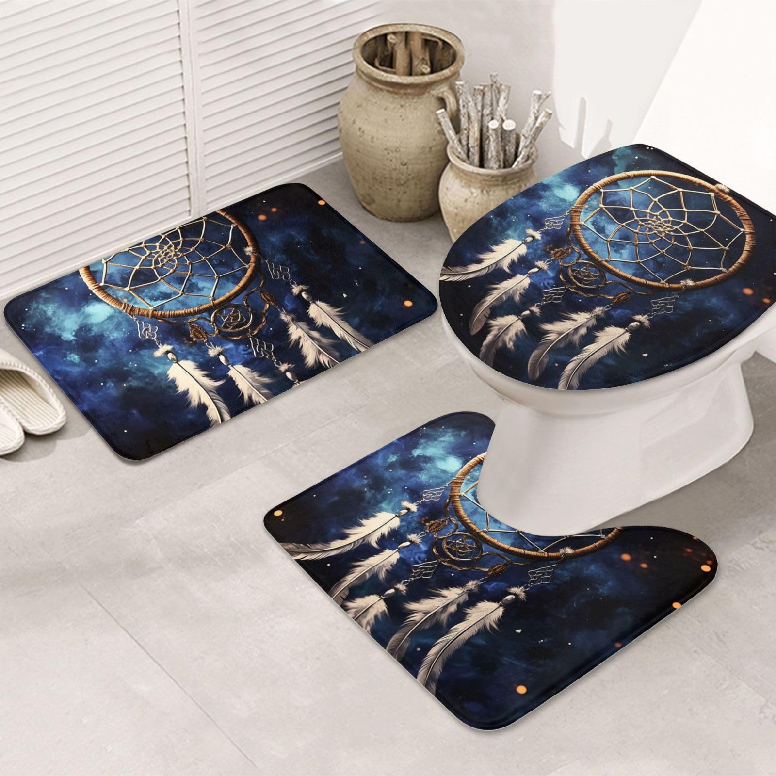 Dwrepo White Fantasy Dream Catcher Print Bathroom Rug Set 3 Piece with Non-Slip U-Shaped Contour Mat and Toilet Lid Cover for Bathroom Decoration