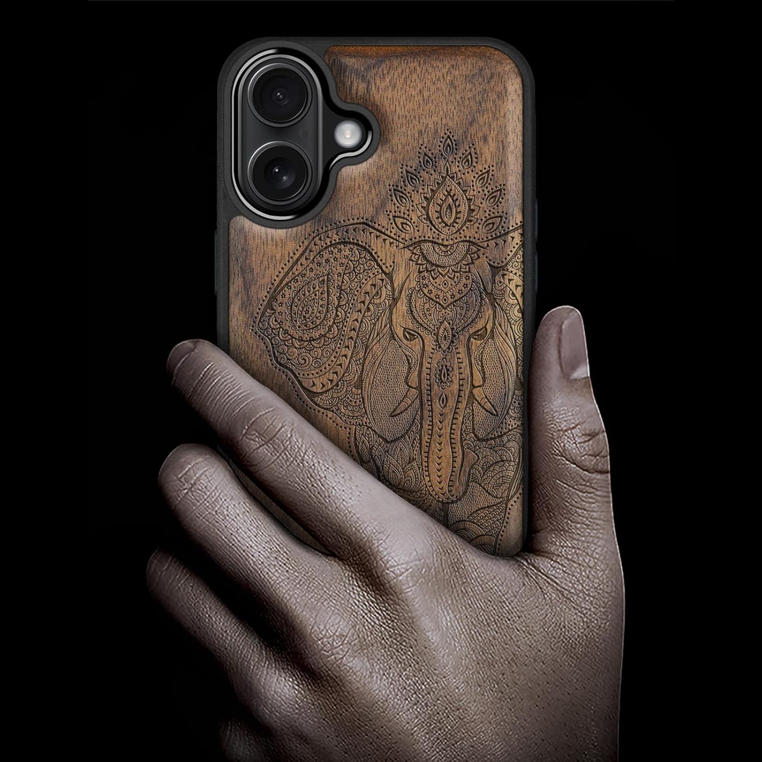 Carveit Magnetic Wooden Case for iPhone 16 Case, Wood Artisan Engraved & Black Soft TPU Shockproof Cover, Compatible with MagSafe Wireless Chargers (Indian Lotus Elephant) Walnut