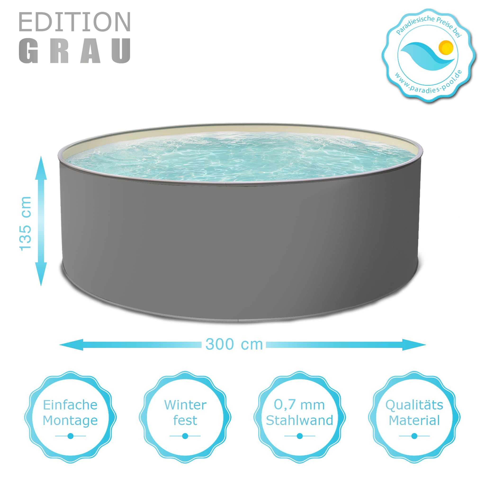 Paradies Pool® Edition grau Einzelbecken rund, 300x135cm (Ø x H), Stahlwandbecken, Poolplane in Sand 0,8mm, Handlauf grau, inkl. Skimmer-Set, Swimmingpool