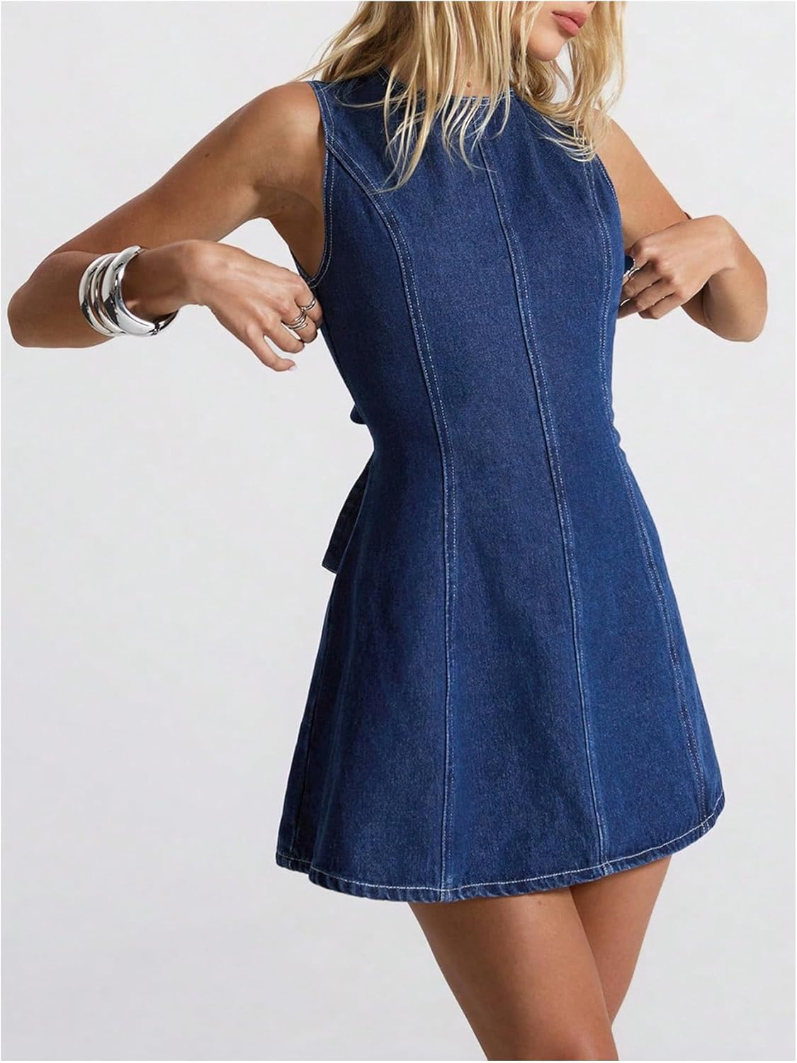 WDIRARA Women's Backless A Line Denim Dress Y2k Bow Sleeveless Flared Hign Waist Short Dresses - Image 3