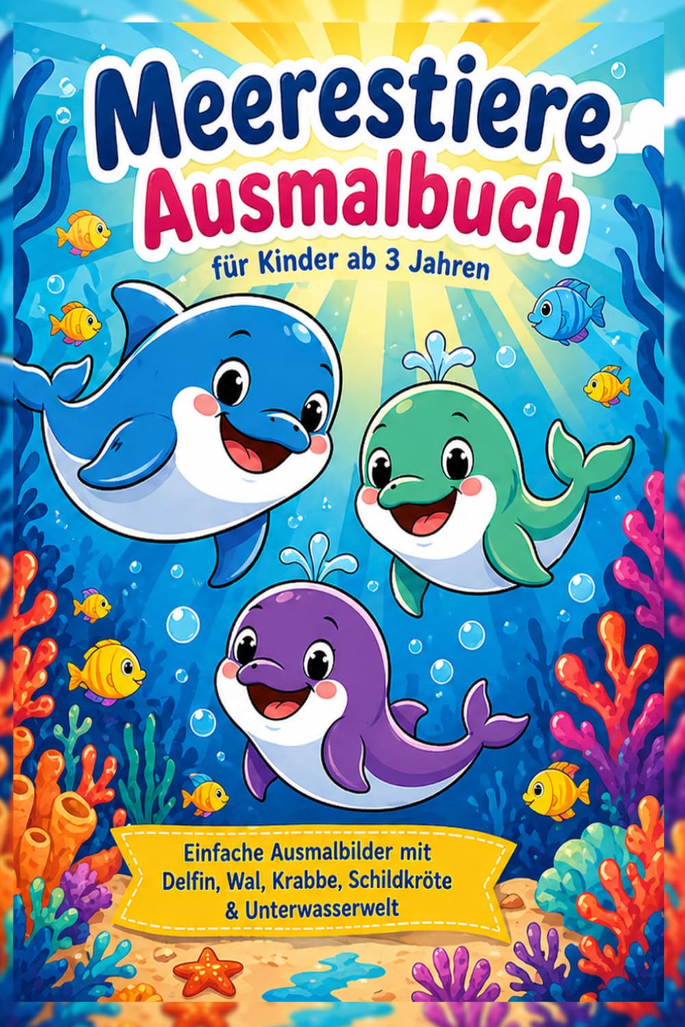 Meerestiere Ausmalbuch für Kinder ab 3 Jahren: Einfache Ausmalbilder mit Delfin, Wal, Krabbe, Schildkröte & Unterwasserwelt – kreativer Malspaß für Mädchen und Jungen
