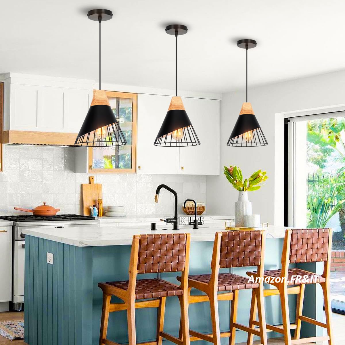 Lampa wisząca Nowoczesny przemysłowy drewniany żyrandol abażur Vintage Metal Kształt Klatka Ø25cm Lampa sufitowa E27 Projekt do kuchni, sypialni salonu (czarny -2 szt.)
