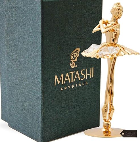 Matashi Figura de bailarina chapada en oro de 24 quilates con brazos cruzados, decoración de mesa con tachuelas de cristal, regalo pensado para