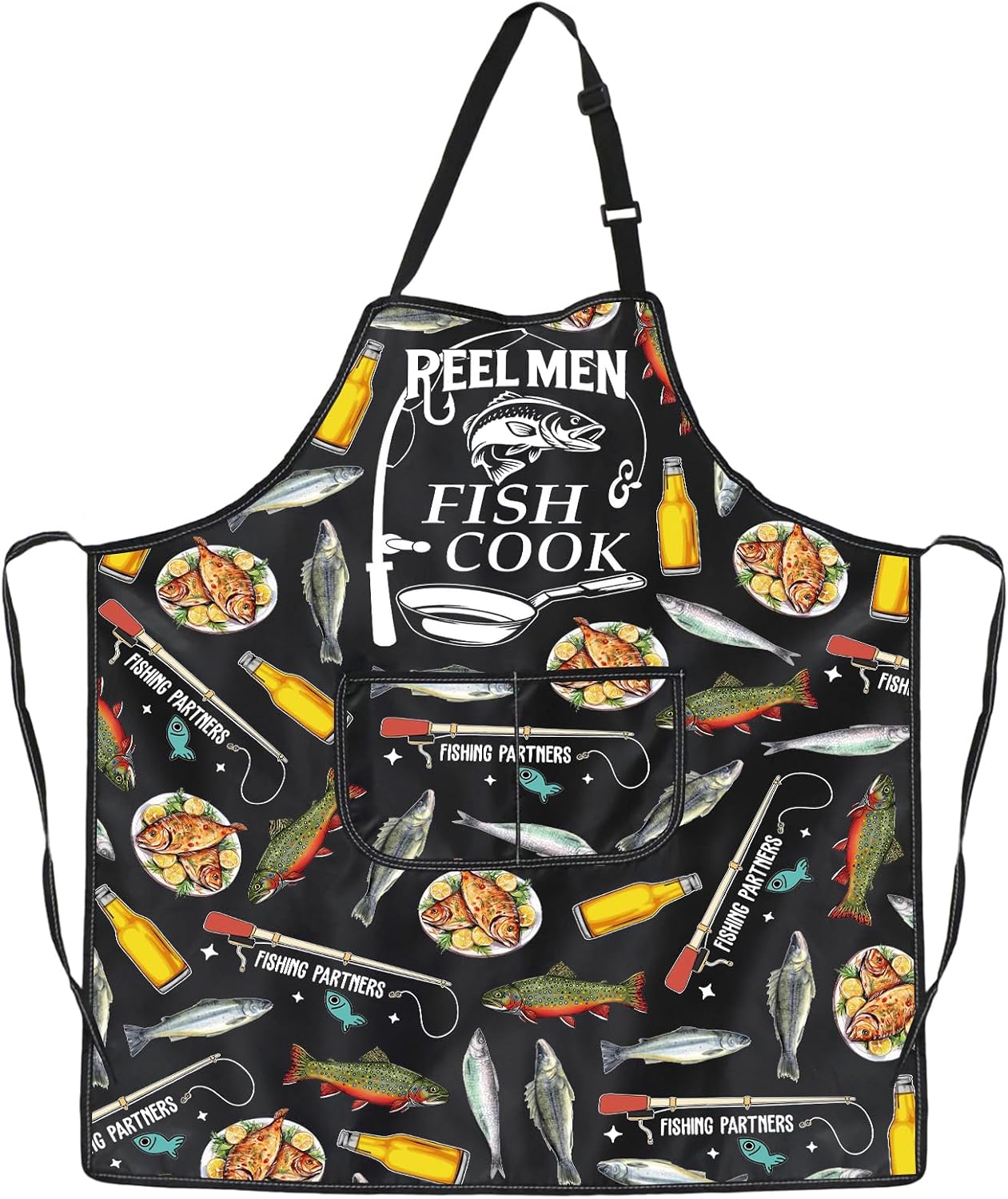 PXTIDY Cooking Grilling Apron with Pockets Reel Men Fish & Cook Funny Fishing BBQ Apron for Men Cooking Gift for Fishermen
