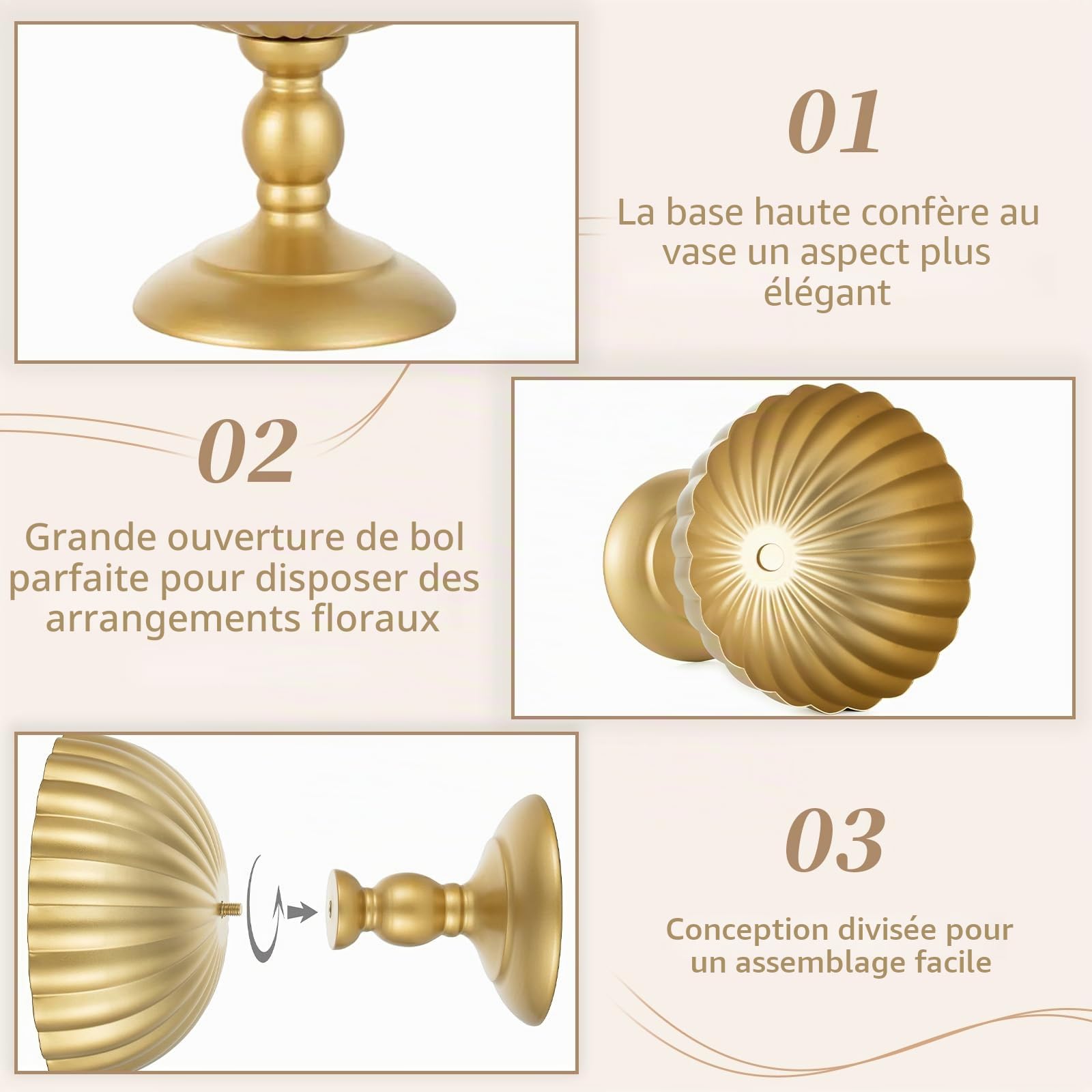 Sziqiqi Centre de Table Mariage 10pcs: Métal Haut Vase Doré Vintage | Épais Urne, ⌀20cm / H20cm / T8cm, Haut Piédestal, Large Ouverture pour Florales, Bapteme, Fete, Anniversaire, Reception