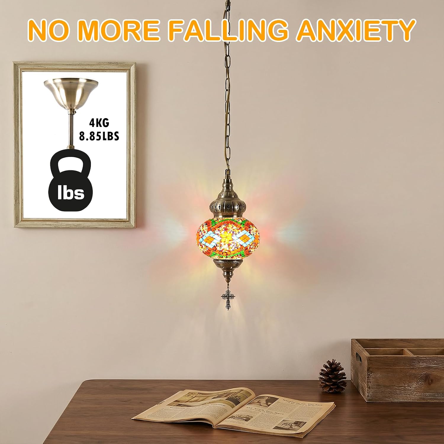 Turkish Moroccan Pendant Hanging Light, Hardwired Glass Mosaic Ceiling Lamp, Tiffany Style Hanging Lamp with 6.8in Large Shade, Decorative Pendant Chandelier for Bedroom Living Room