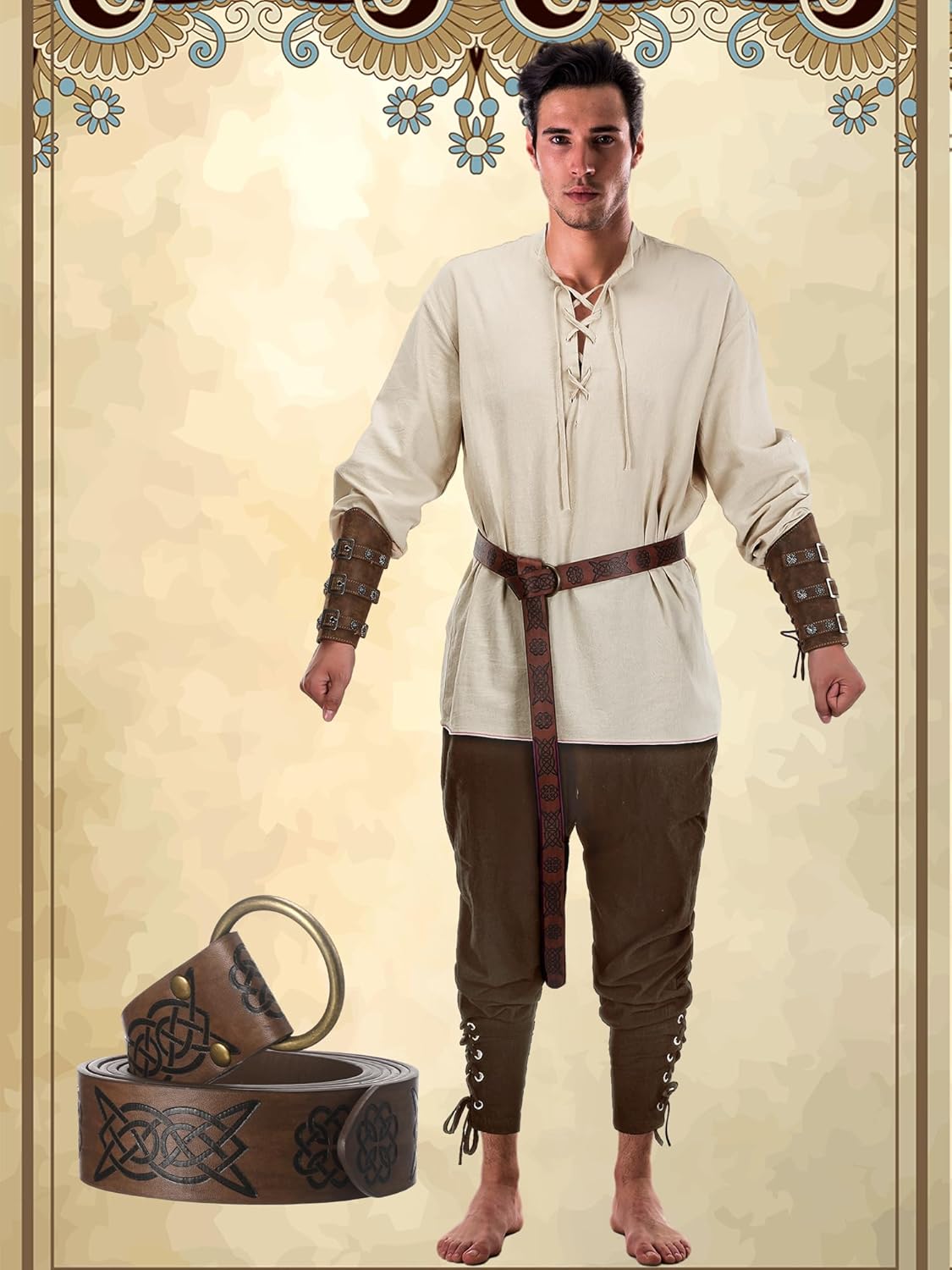 Jiuguva 4 Pcs Halloween Men's Renaissance Costume Set Medieval Pirate Shirt Ankle Banded Pants Viking Belt Accessories - Image 5
