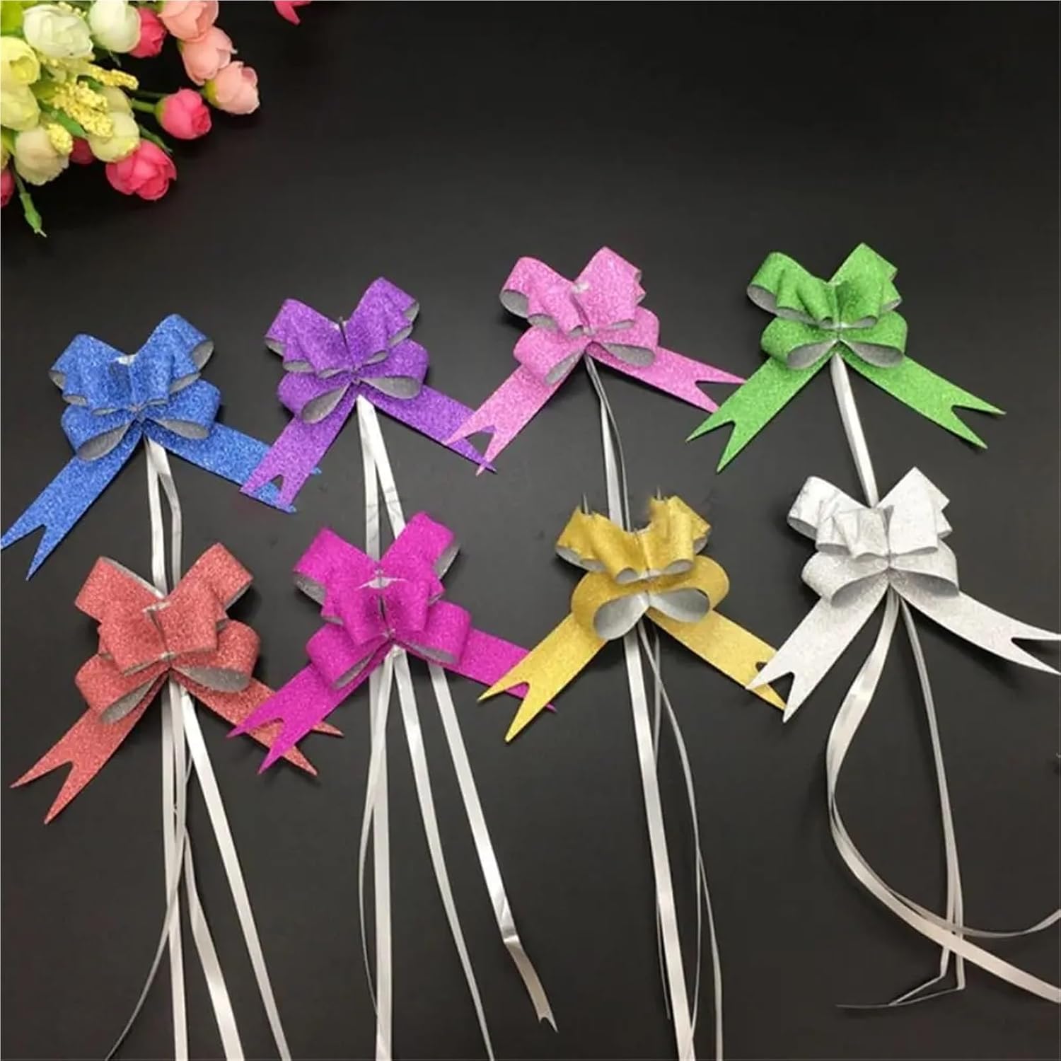 Pull Bows 100Pcs Bowknots Ribbons for Gift Wrappers Wedding Birthday Party Pull Bow Knot Ribbon Wrapping Decoration(Silver)