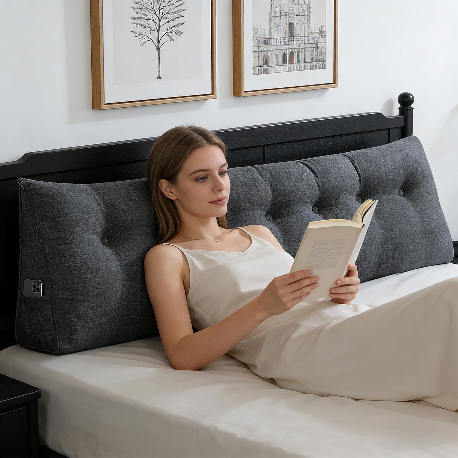 Rückenkissen 200 cm Breit - Lesekissen für Bett und Sofa Keilkissen Rückenpolster Kissen mit Waschbarem Bezug und Praktischem Seitenfach (Dunkelgrau 200 cm)
