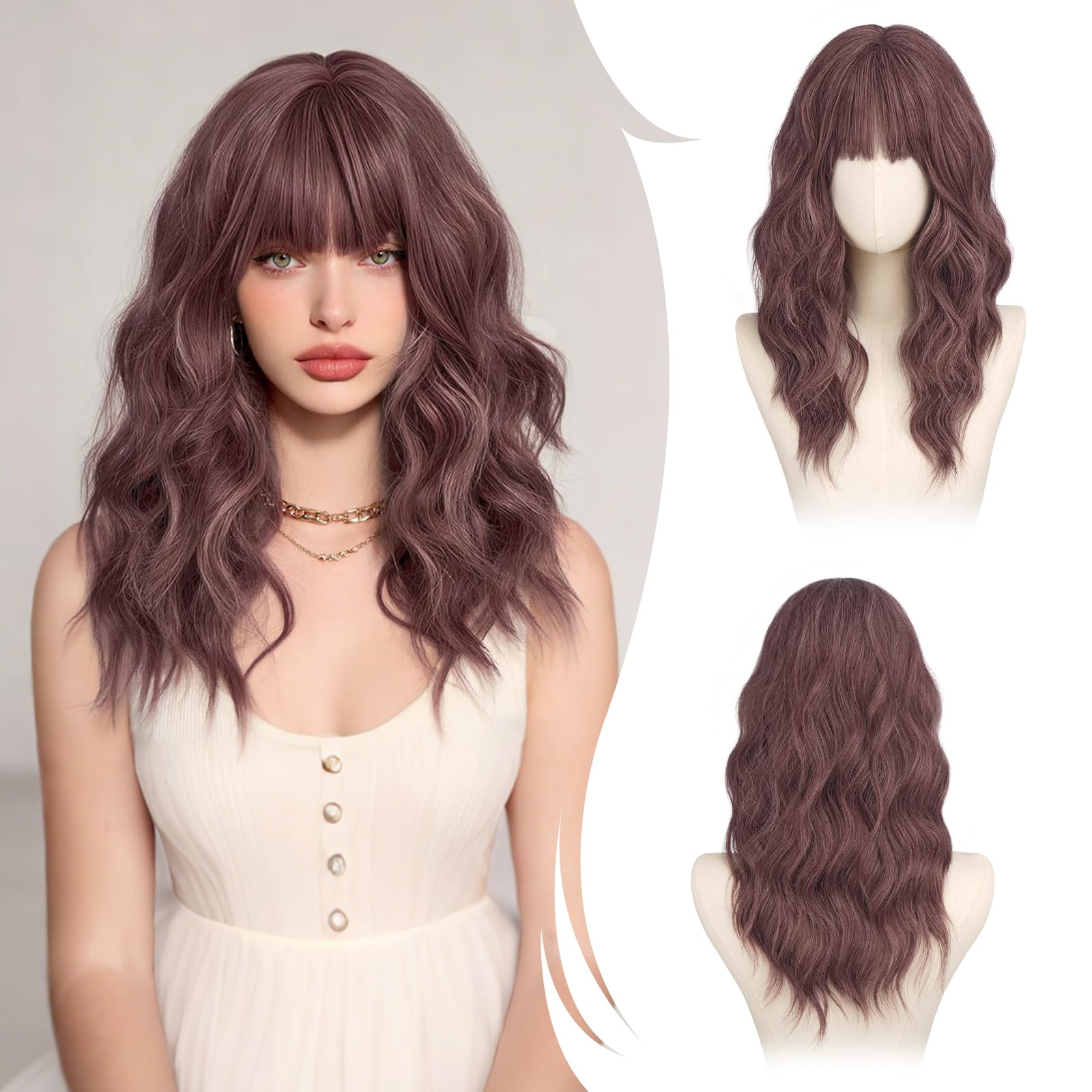 RUWISS Peluca Verde Apagado Ondulada con Flequillo para Mujer, 50 cm Shoulderlongitud Peluca de pelo Sintético en Capas Pelucas con Volumen Natural para Diario y Fiesta — view 12
