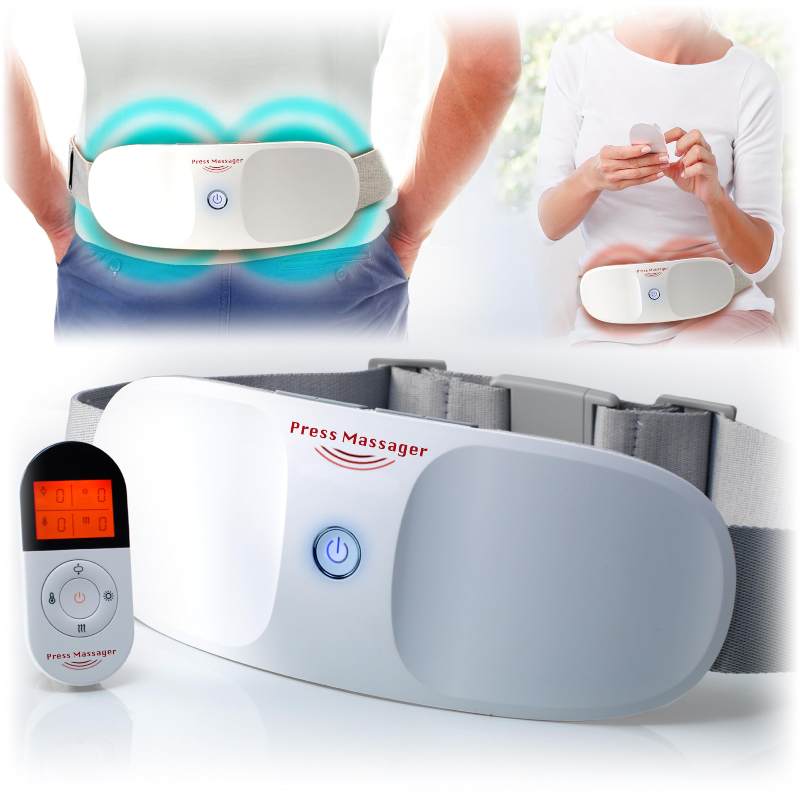 Cinturón de Masaje PRESS MASSAGER Ayuda a aliviar el dolor de espalda y abdominal. Masaje Shiatsu por Presoterapia, Infrarrojos, Termoterapia y Aromaterapia. Sin cables. Mando a distancia. Ajustable.