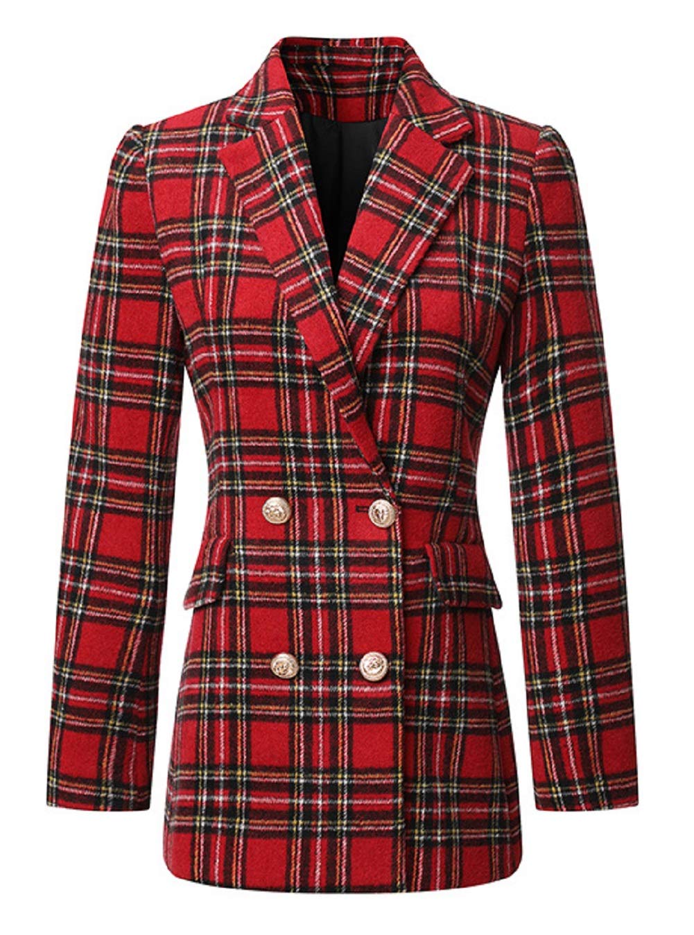 CHARTOU Womens Tailored Collar Slim Plaid Double Breasted Short Blazer Jacket