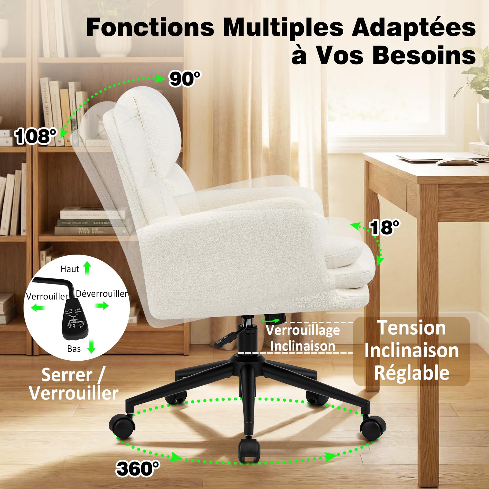 Hellove Fauteuil de Bureau Ergonomique, Chaise de Bureau Pivotante à roulettes avec Accoudoirs, Hauteur Réglable 10 cm, Tissu Chenille Beige – Idéale Aussi comme Chaise Coiffeuse