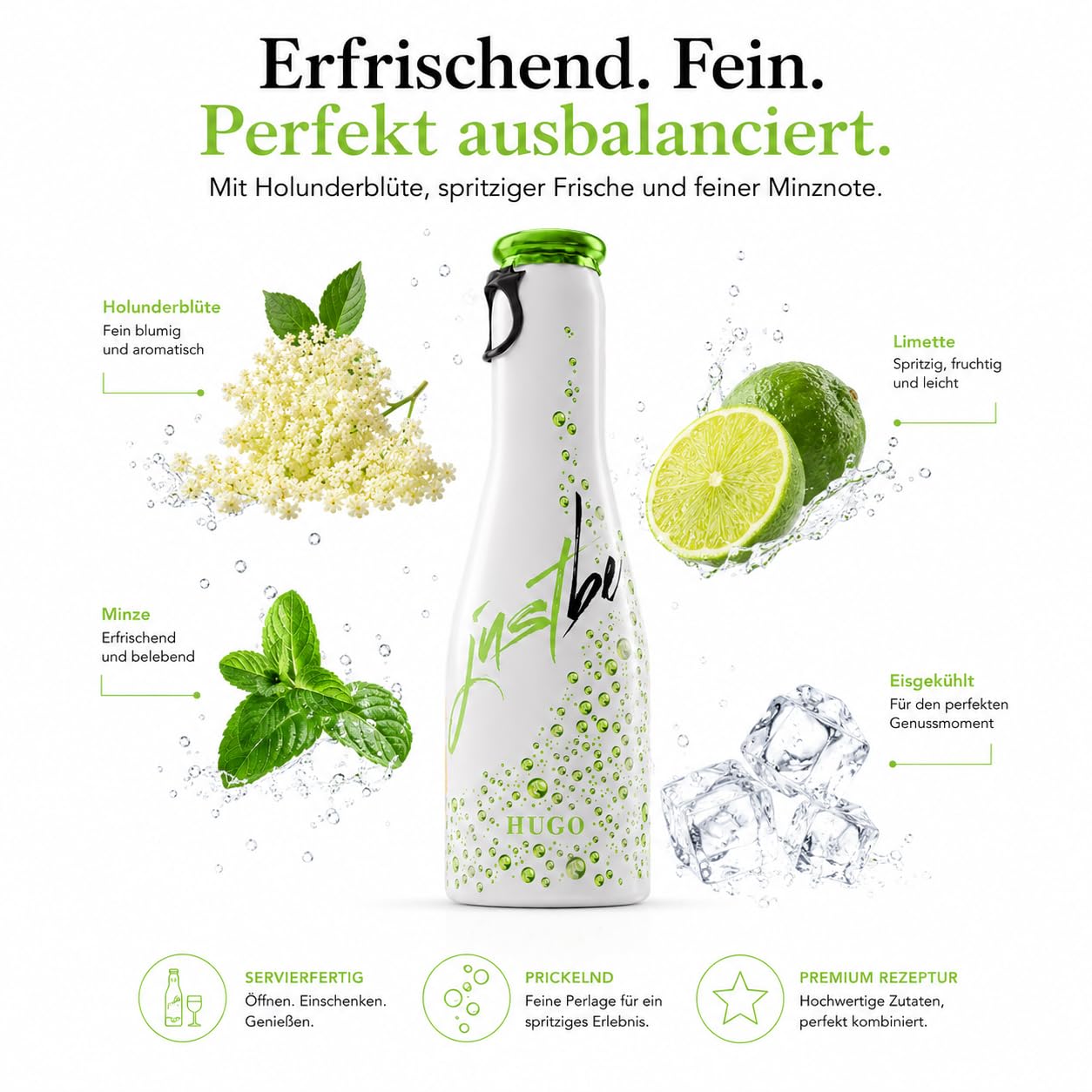 JustBe Hugo | Piccolo Wein-Cocktail I Holunderblüte + Minze Mix Aperitif (Hugo, 12 x 0,2l)