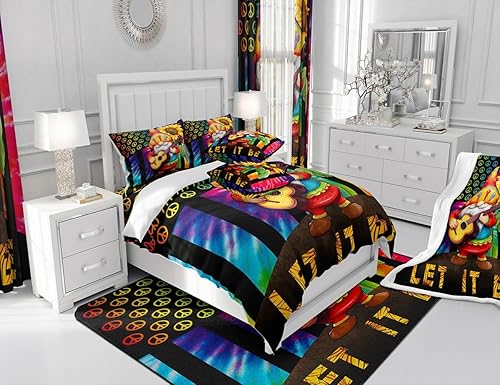 Miniatura 6 de Manfei Juego de funda de edredón con símbolo de paz para niños, tamaño King, bonita funda de edredón de guitarra de gnomo con 2 fundas de almohada,