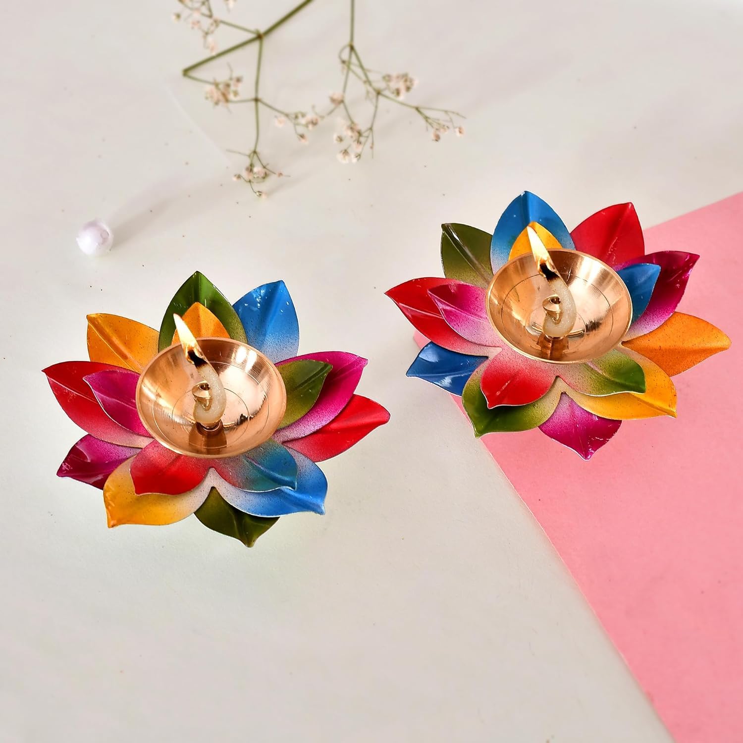 Brass Oil Lamp Akhand Diya Indian Oil Lamp Diwali Decoration Puja Lamp Akhand Lotus Diya Multicoloured (2)