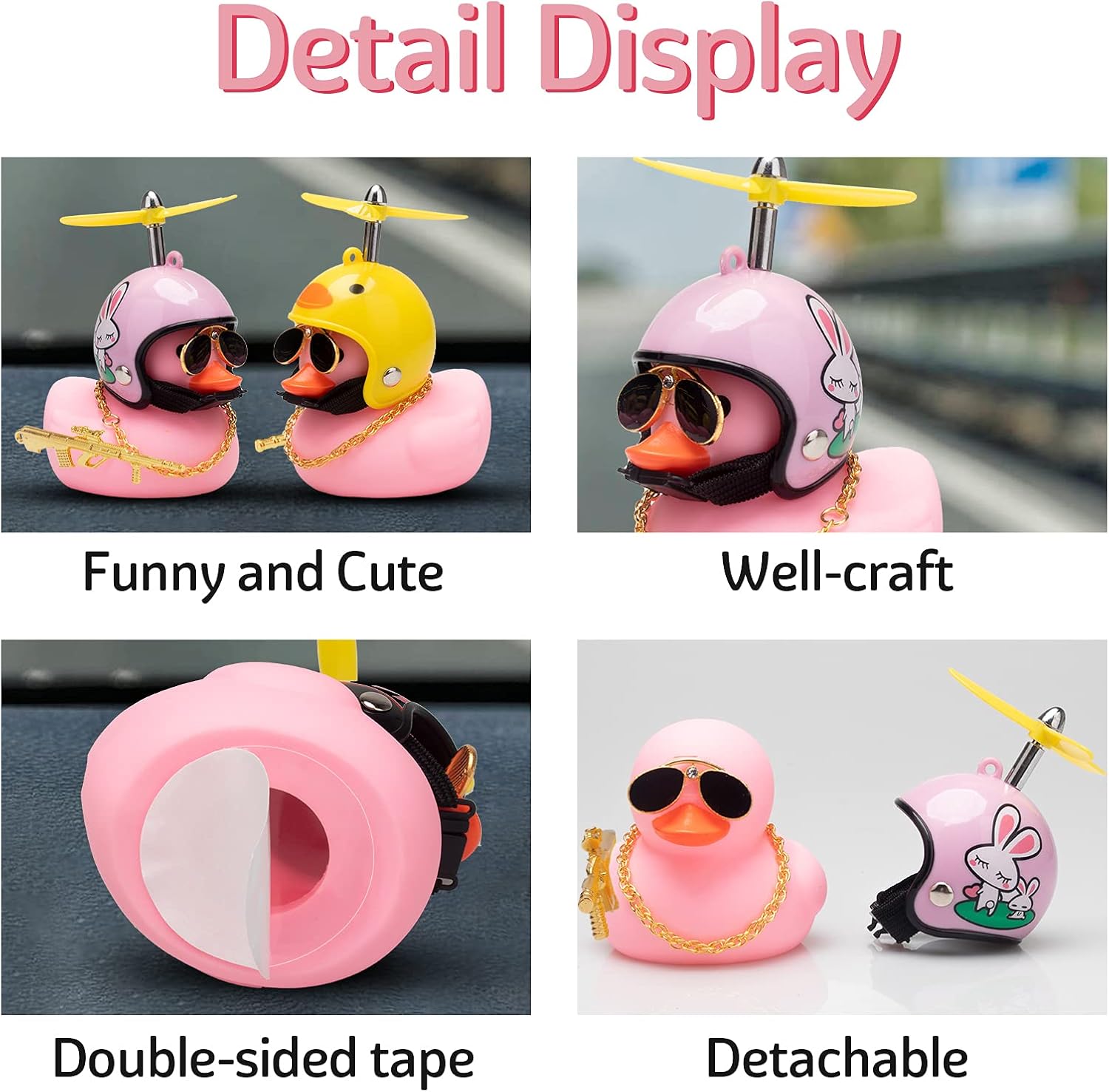 wonuu Rubber Duck Car Ornaments - Pink Duck Car Dashboard Decorations Set with Propeller Helmet, Sunglasses, and Gold Chain