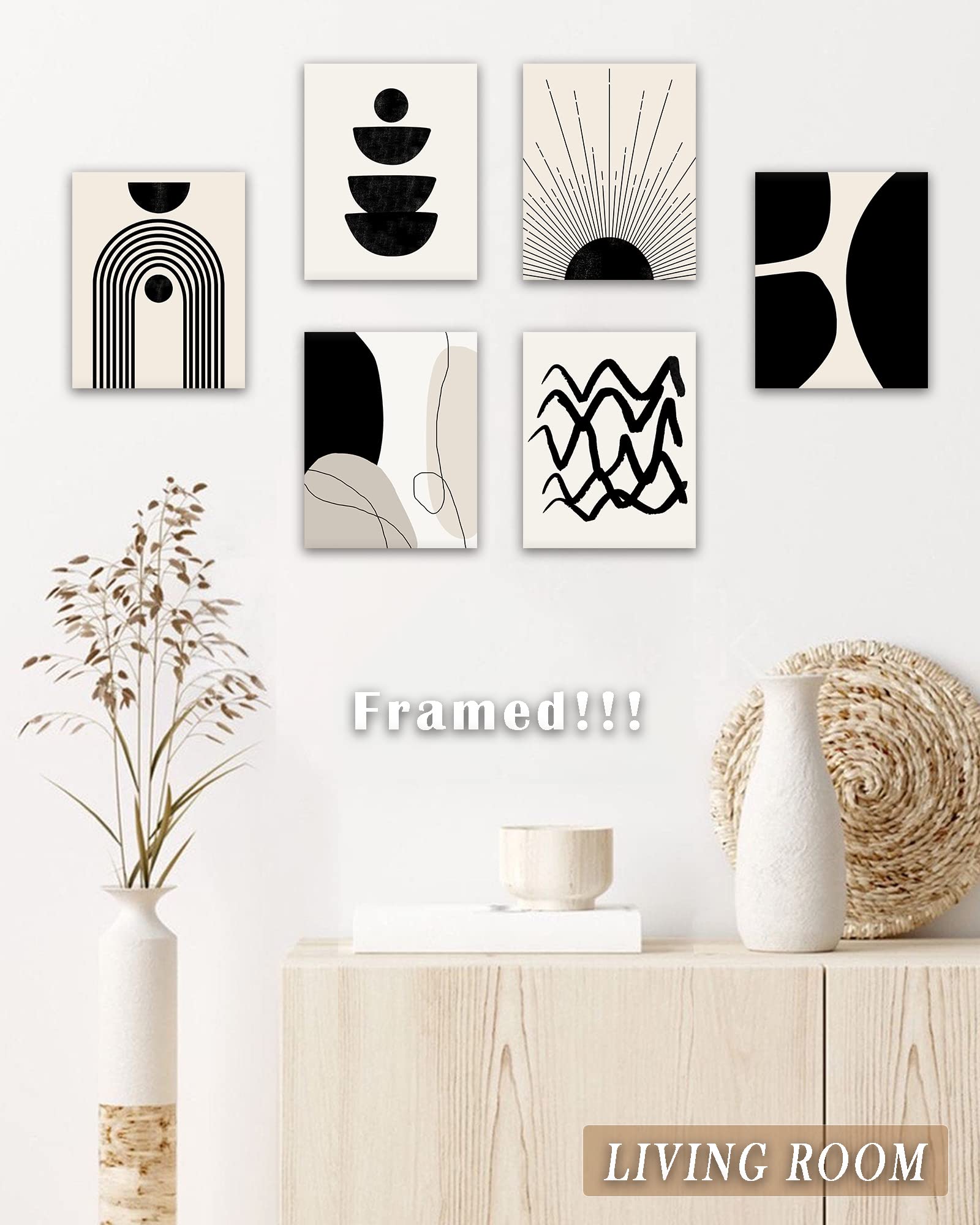 ������ Abstract Boho Wall Art Minimalist Geometric ������ Wall Decor Boho Room Decor Black Brown Beige Line Art Canvas Painting Mid Century Modern Prints Bohemian Posters for Living Room Bedroom Kitchen Office Home Decor Set of 6, 8x10in (Framed)