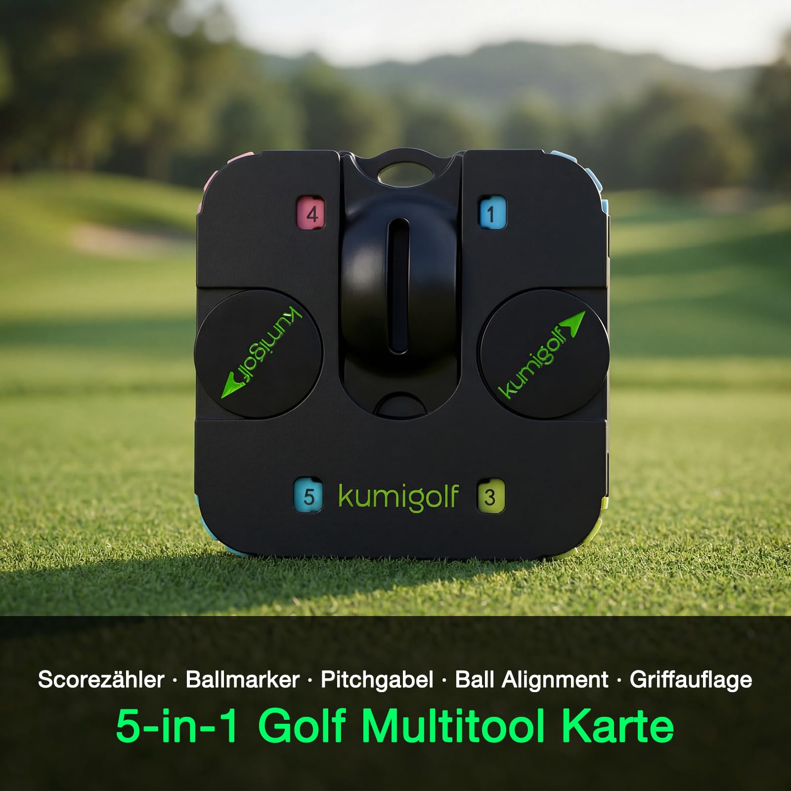 5-in-1 Golf Multitool Karte - Premium Golf Scorezähler für 4 Spieler, Golfschlag Zähler, Pitchgabel mit Ausrichtungshilfe, Magnetische Ballmarker, Griffauflage, Golf Zubehör Geschenk