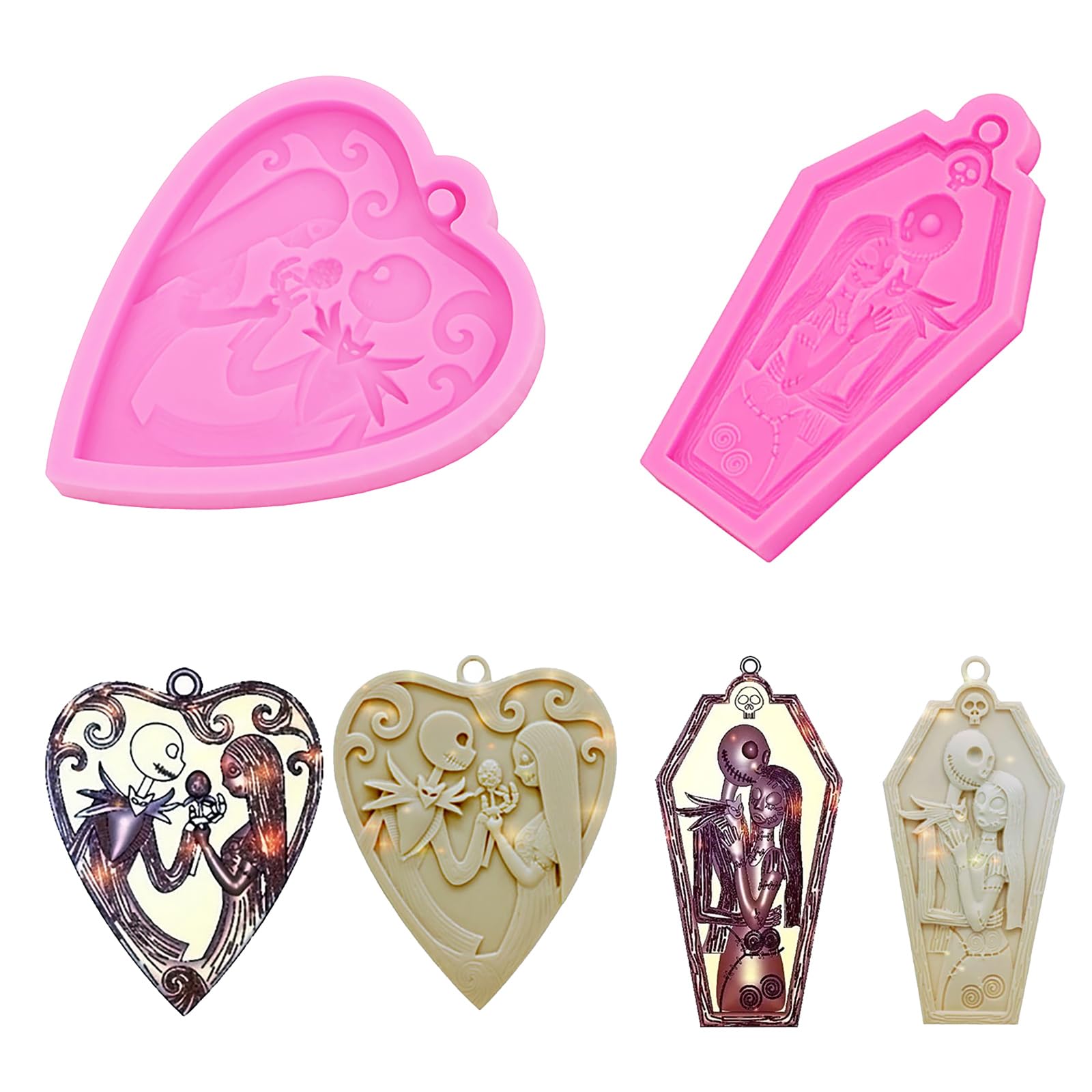 Halloween Theme Skull Lover Heart Shaped Keychain Silicone Mold with Hole for DIY Necklace Craft Candy Desserts Epoxy Crystal Earrings Bag Tag Luggage Trinket Decoration Pendant Mold Jack Ghost