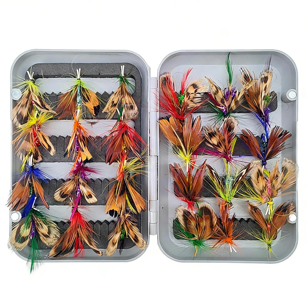 Fly Fishing Lures, 24PCS Assorted Trout Panfish Flies Kit with Waterproof Box, Barbed Hook Set for Beginners Anglers Stream Fishing