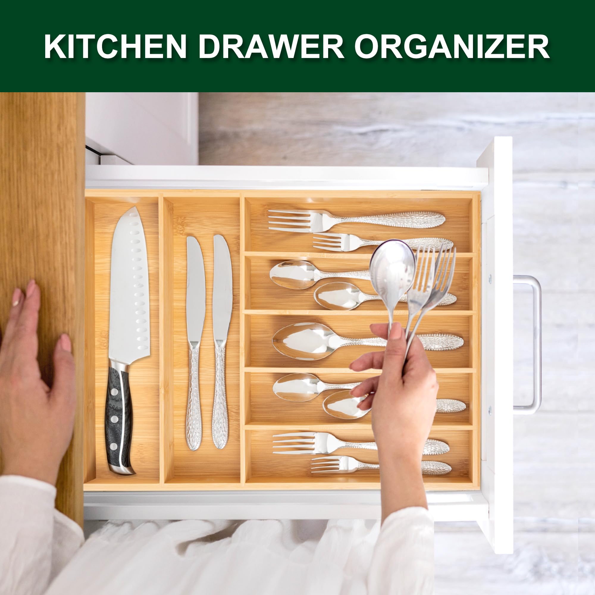 Bellsal Portautensili da cucina, organizer espandibile in bambù, portaposate, per utensili da cucina e posate, camera da letto e ufficio