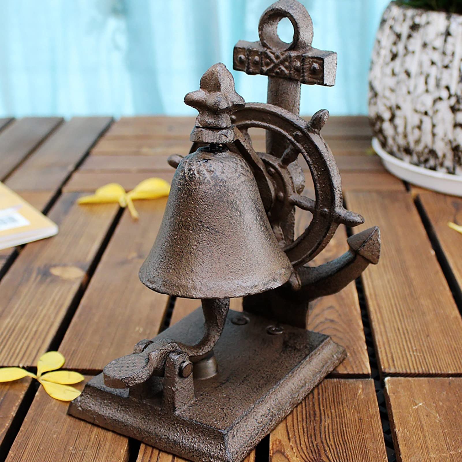Campana de pared retro de servicio de metal Timón de acero, adorno de anillo de mano de barra elegante y adornado, estilo tradicional Pub cena, campanilla