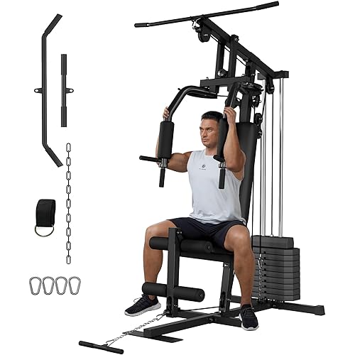 Home Gym Equipment Multifunctional Full Body Exercise Workout Station Fitness with Leg Press, LAT Pull Down System, Chest Presses, All in One Home Gym Machine with 100LBS Weight Stack