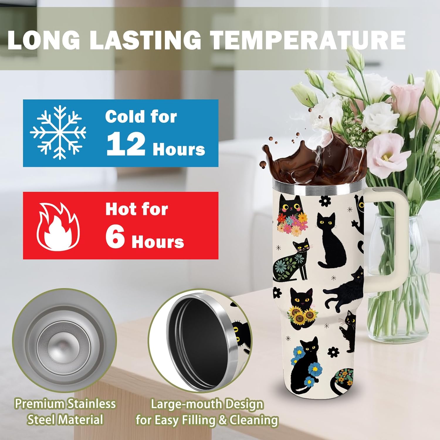 Cat Gifts for Women - Funny 30oz Cat Tumbler with Handle and Straws Stainless Steel Insulated Travel Coffee Mugs, Leak-Proof Black Cat Themed Cups for Cats Lovers Birthday Christmas Gifts Water Cup - Image 5