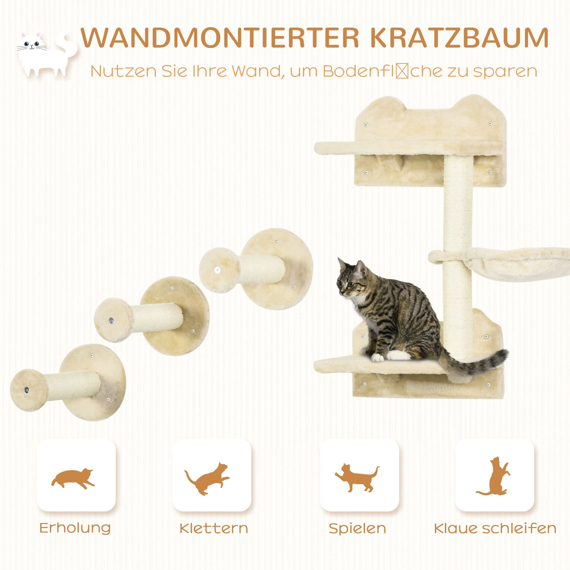 PawHut Kletterwand Katzen 4-teilig Set, bis zu 5 kg Beige+Cremeweiß | Katzen Kletterwand Set, mit Sprungturm, 3 Kratzbäume, Kratzbaum mit Hängematte, Wandkratzbaum, Wand Katzenmöbel Kletterpark