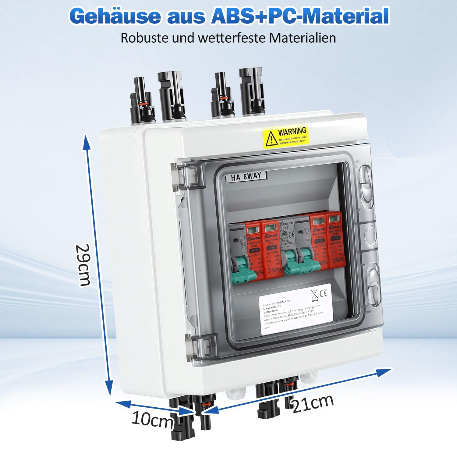 PV Combiner Box 2-String mit Überspannungsschutz und DC-Trennschalter, 1000V 32A, IP65 wetterfest, inkl. Solarstecker und Montagezubehör