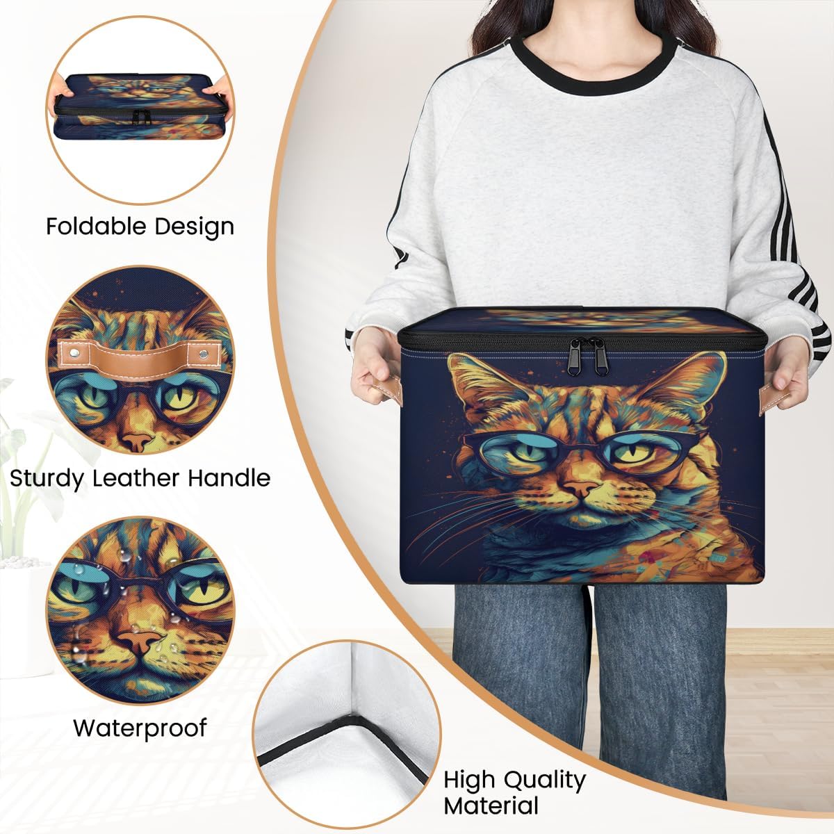 Storage Bin Set of 2 Animal Cat Storage Basket with Zipper Lid & Handle Foldable Closet Shelf 2 Pack Cloth Organizer Basket Cube Bins Clothes Organizer for Bedroom, Nursery